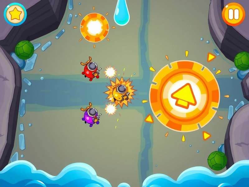 Flood Blast gameplay screenshot showing colorful explosions and characters